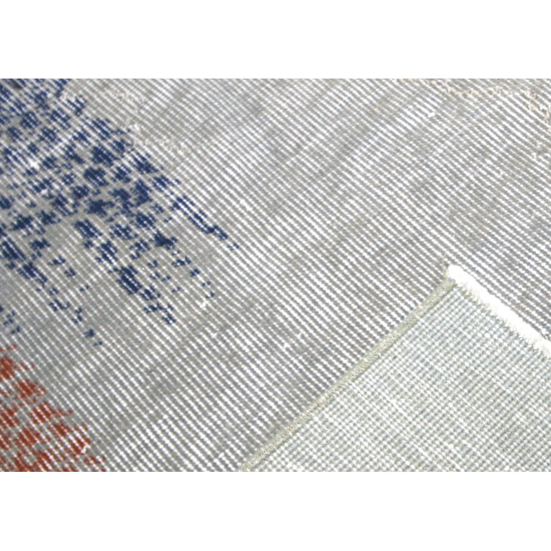 Tapis gris / bleu marine en laine noué à la main de conception unique 6 pi 9 po x 9 pi 11 po années 1960