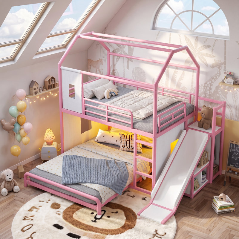 Lit superposé pour enfant avec glissade, lumières DEL, rideau d'intimité et rangement AVELOR Playhouse, Double sur double