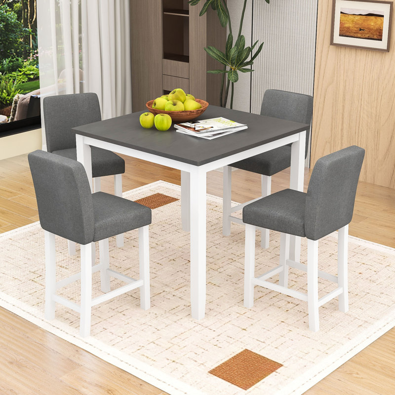 Ensemble de salle à manger 5 pièces à hauteur de comptoir avec table carrée en bois et 4 chaises rembourrées en lin pour économiser de l'espace
