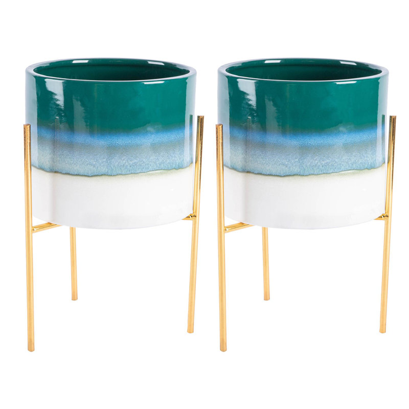 Nicola Spring - Reactive Glaze Plant Pots on Stands - 19cm, Green/Gold