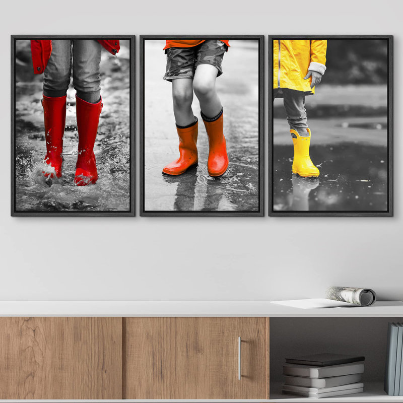 Décoration murale moderne en couleurs vives rouge et jaune en noir et blanc, Cadre flottant noir, H 36 po x l 72 po