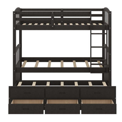 Separable Wooden Twin Over Twin Bunk Bed With Trundle And Three Storage Drawers