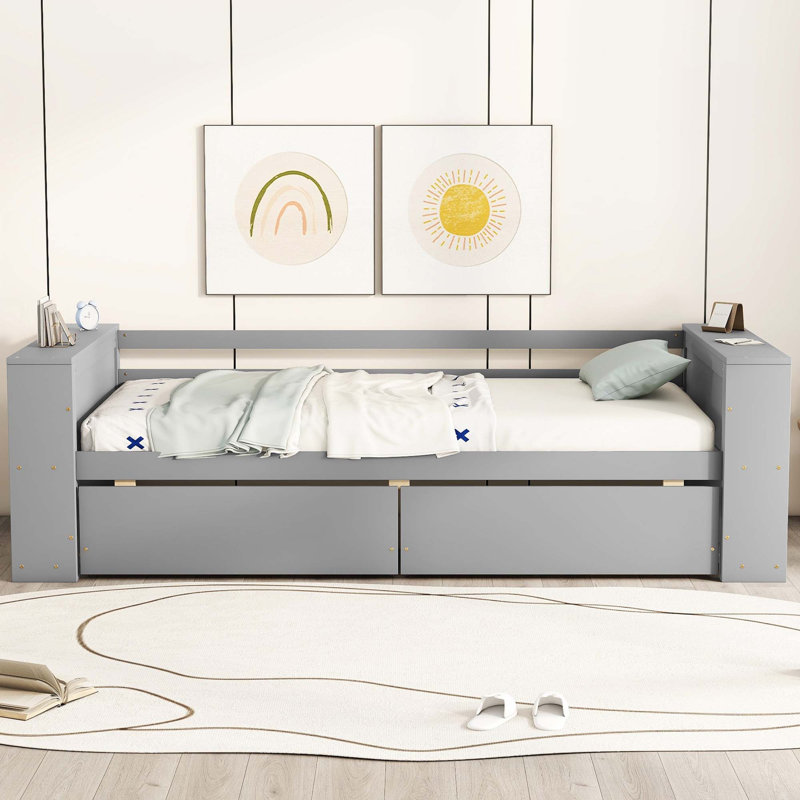 Lit de jour simple avec tablettes et tiroirs, Gris