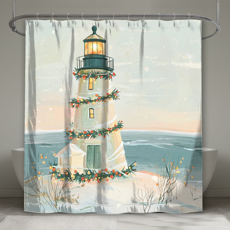 Rideau de douche phare - décor de salle de bain bord de mer, H 74 po x l 71 po