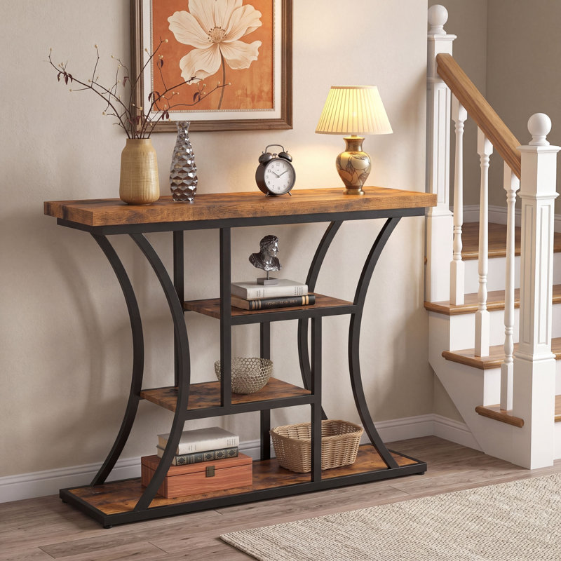 41.3" Industrial Narrow Sofa Table – 4-Tier Storage Shelves, Curved Metal Frame, Rustic Wood Accent for Entryway, Hallway & Foyer, Rustic Brown