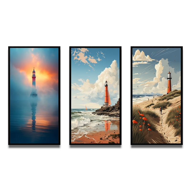 Serene Layer in Sunset Mist - ensemble de 3 reproductions, Cadre flottant noir, H 40 po x l 60 po