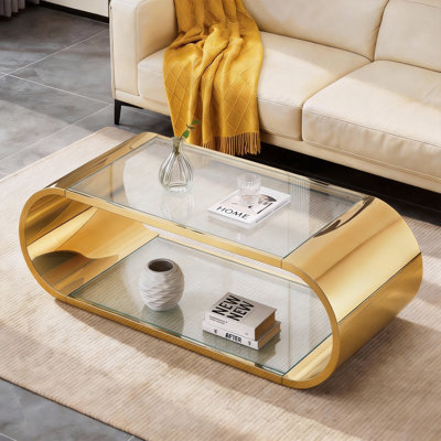 Table basse 57 po moderne à 2 niveaux avec plateau en verre trempé et acier inoxydable
