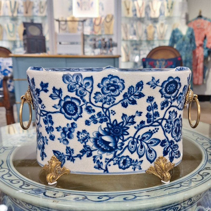 Porcelain Oval Planter With Bronze Ormolu Blue And White Flower