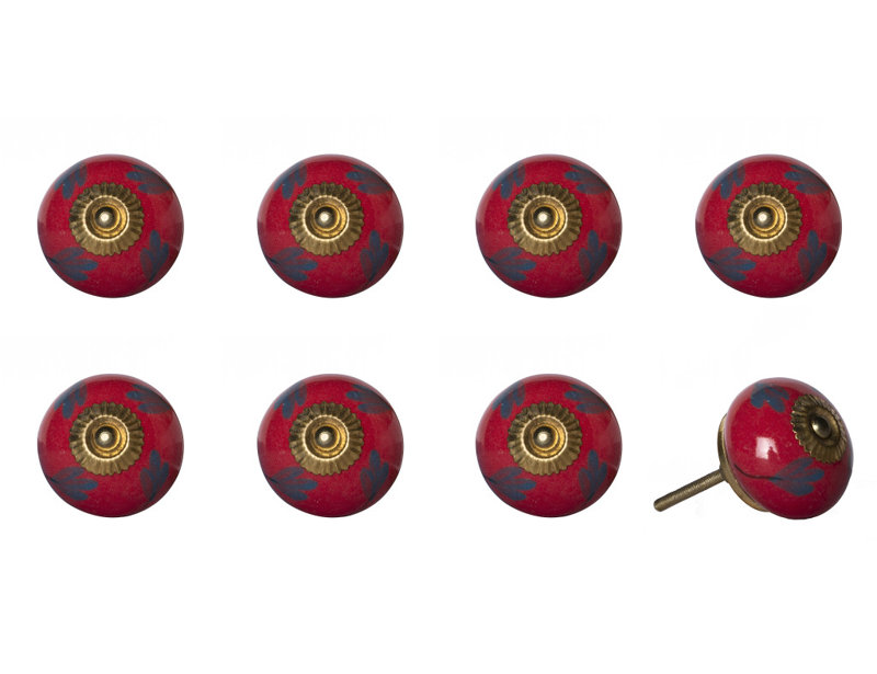 Set of Eight Blue And Red Ceramic And Metal Drawer Pull Knobs