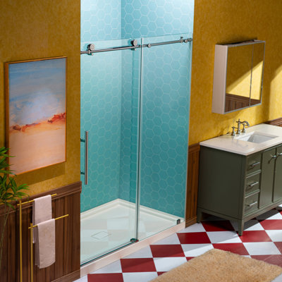 Porte de douche coulissante simple sans cadre l 56 à 60 po x H 80 po | Verre trempé amélioré de 5/16 po (8 mm) | Quincaillerie en acier inoxydable | Sécuritaire, résistant à l'explosion, transparent et élégant, robuste et durable