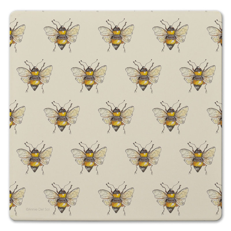 August Grove® Bee Pattern Decorative Cork Backed Stone Trivet 8" Square