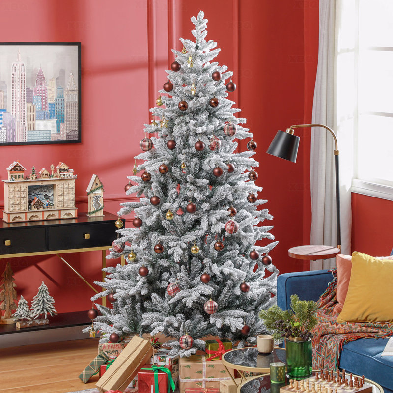 Arbre de Noël artificiel enneigé 7 pi 7 pi, 1401 branches, support en métal pliable, assemblage facile, H 6 pi 9 po