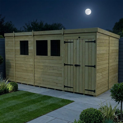 Total Sheds 17ft x 7ft Pent Garden Shed - Double Door - With Windows - Pressure Treated Timber - UK Manufactured