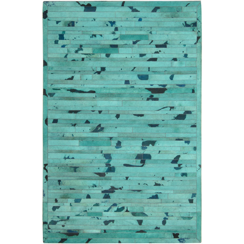 Tapis turquoise en peau de vache abstraite faite à la main, Square 6'