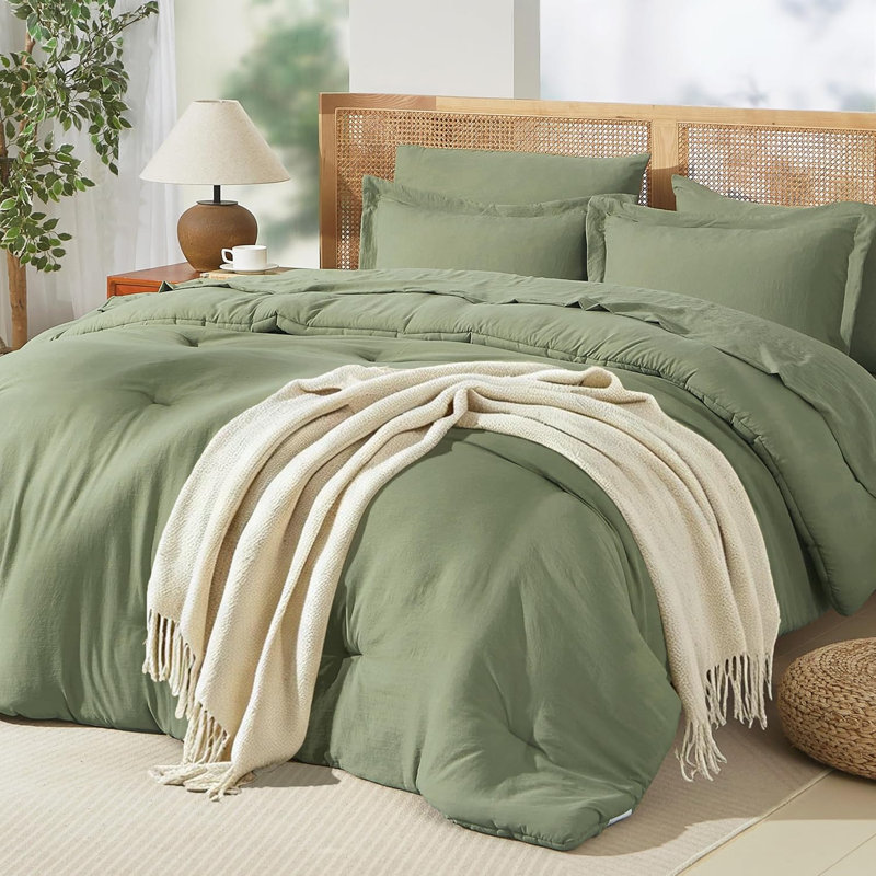 Ensemble de couette prélavée Suncomfy pour lit queen size, 7 pièces, vert saga, Grand lit, Saga Green