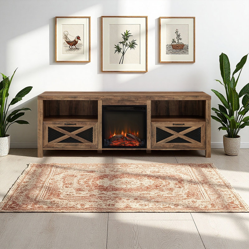 Meuble télé 70 po avec foyer intégré et portes d'armoire grillagées pour téléviseur de 85 po ou moins Farmhouse, Chêne
