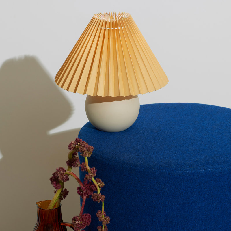 Serena 10" Mid-Century Modern Beige Ceramic LED Table Lamp with Orange Pleated Shade, Cream