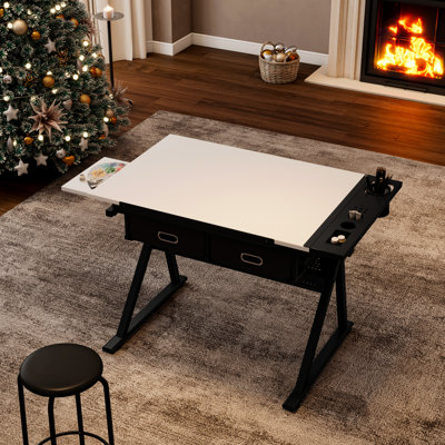 Drawing Drafting Table For Home And Use, Adjustable Height Tiltable Desktop, White, Two Non - Woven Drawers, Metal Storage Strips, Legs, Comes With Stool