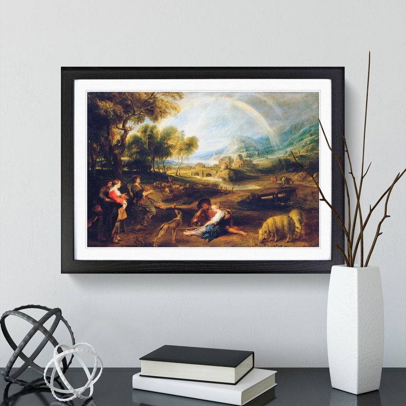Landscape with a Rainbow by Peter Paul Rubens - Picture Frame Painting on MDF, 36cm H x 48cm W x 2cm D, Black Framed