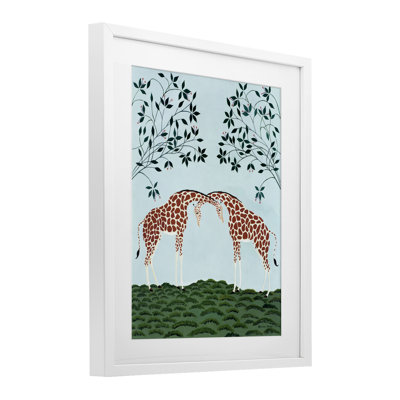 «Friendship», reproduction encadrée sous verre girafes symétriques par Susan Henke