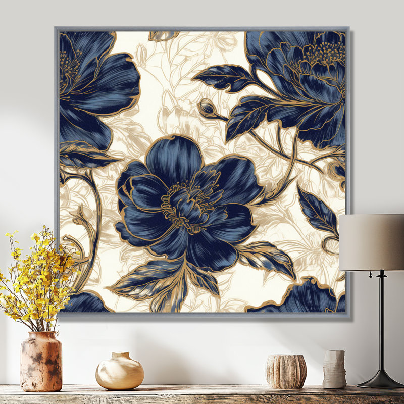 Décoration murale pivoines bleues et dorées célébration VII, H 16 po x l 16 po x P 1 po, Cadre argenté flottant