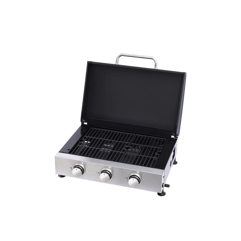 Barbecue au gaz à 3 brûleurs avec résistance aux hautes températures, filet en fonte, poêle émaillé, carter d'huile coulissant, conception +, corps en acier inoxydable 28650Btu Power Power, corps incassable, barbecue multifonction