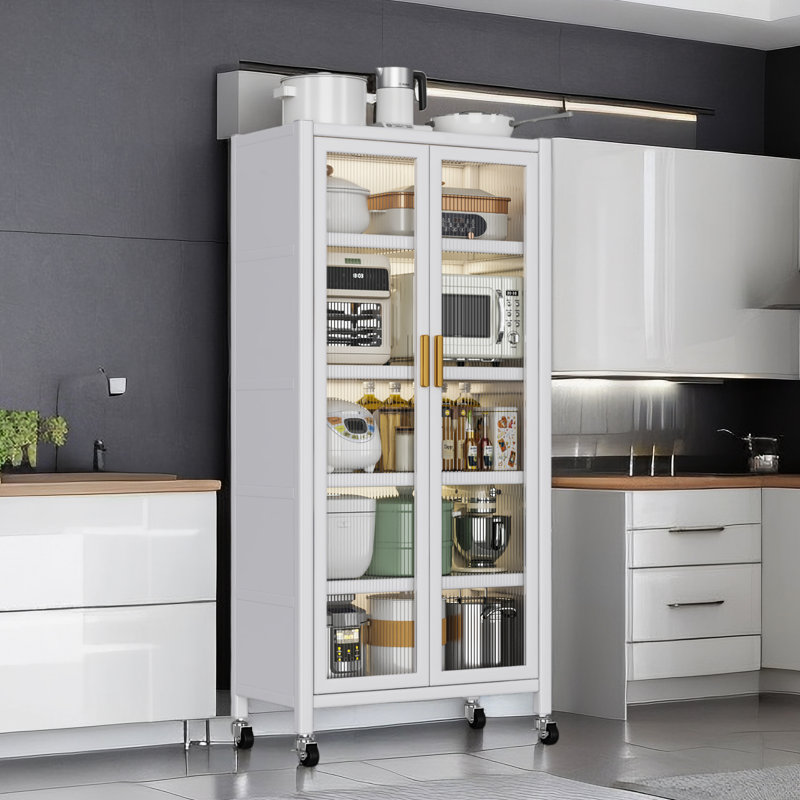 Armoire de cuisine au plancher et au plafond: métal blanc, portes doubles, charge de 250 kg, mouvement fluide et roues en rotation à 360 ° - armoire de plancher, conception de porte ouverte, capacité de poids, mouvement