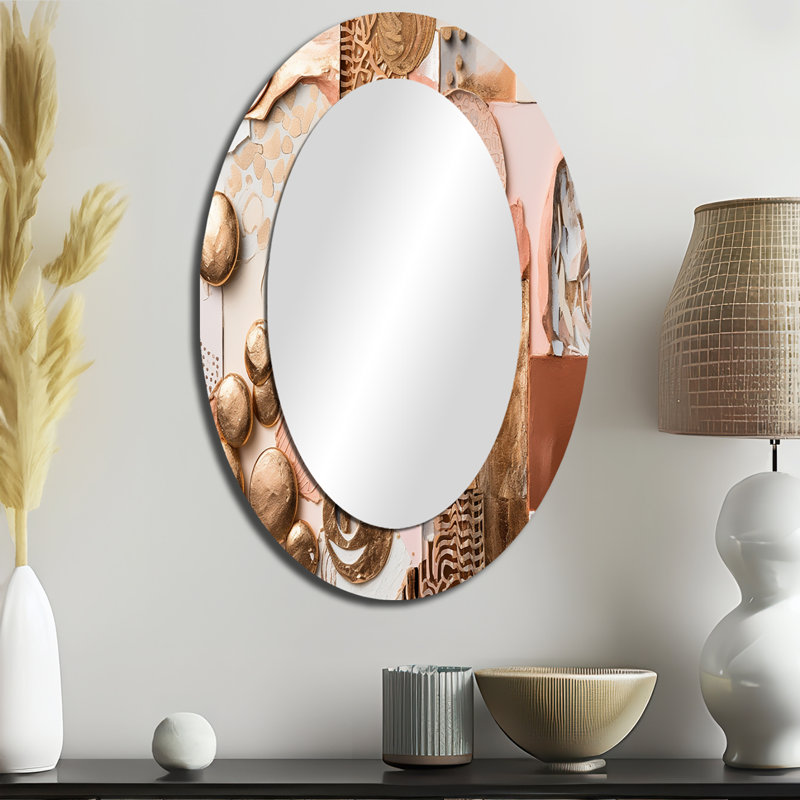 Gold And White Geometric Serenity II - Large Oval Wall Mirror On Metal, 36" x 24"