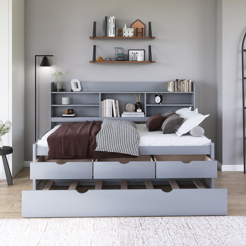 Wood Captain Bed With Trundle,Drawers, Gray, Twin
