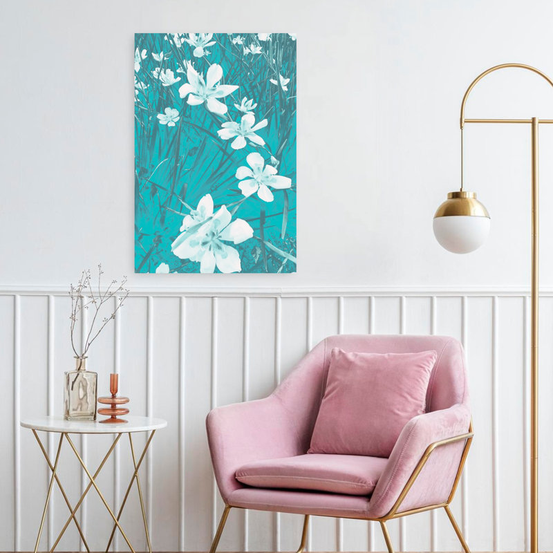 Art contemporain iris blanc bleu sarcelle, H 24 po x l 16 po