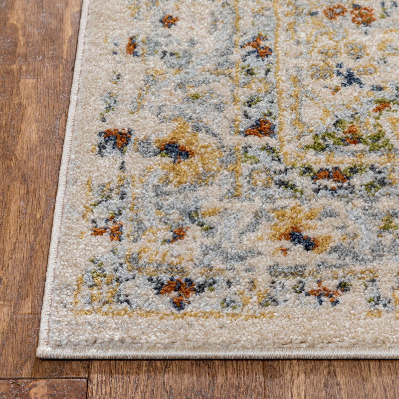 Tapis rétro délavé rétro à motif médaillon floral traditionnel oriental crème beige, Rectangle 7 pi 10 po x 10 pi 6 po