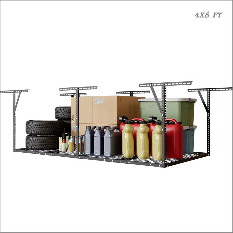 Garage Overhead Storage Racks with Stable Triangle Support - Heavy-Duty Steel Ceiling Mount Racks for Garage Storage, Adjustable Height, 600lbs Capacity Garage Organization System