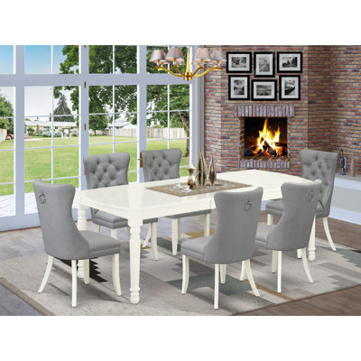 7 Piece Dining Set Consists of a Rectangle Kitchen Table with Removable leaf and 6 Upholstered Parson Chairs, 42x78 Inch, linen white