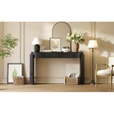 Table d'entrée avec finition grain de bois naturel, console avec conception cannelée, plateau ovale et 2 tiroirs pour l'entrée et le salon