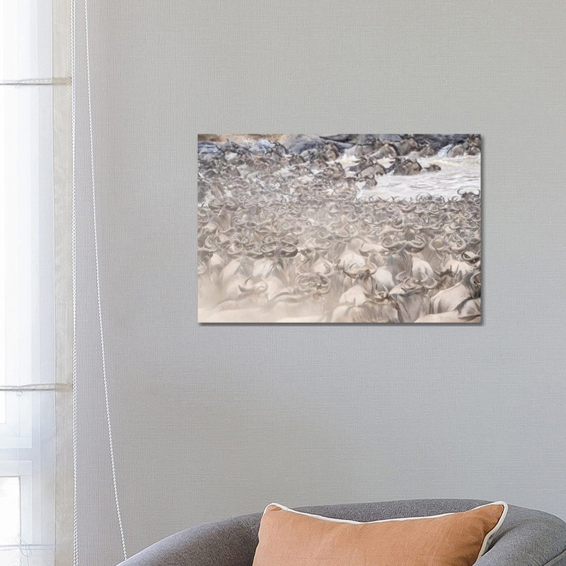 Africa, Kenya Dusty Wildebeest Herd Crossing River by Jaynes Gallery - Wrapped Canvas Print