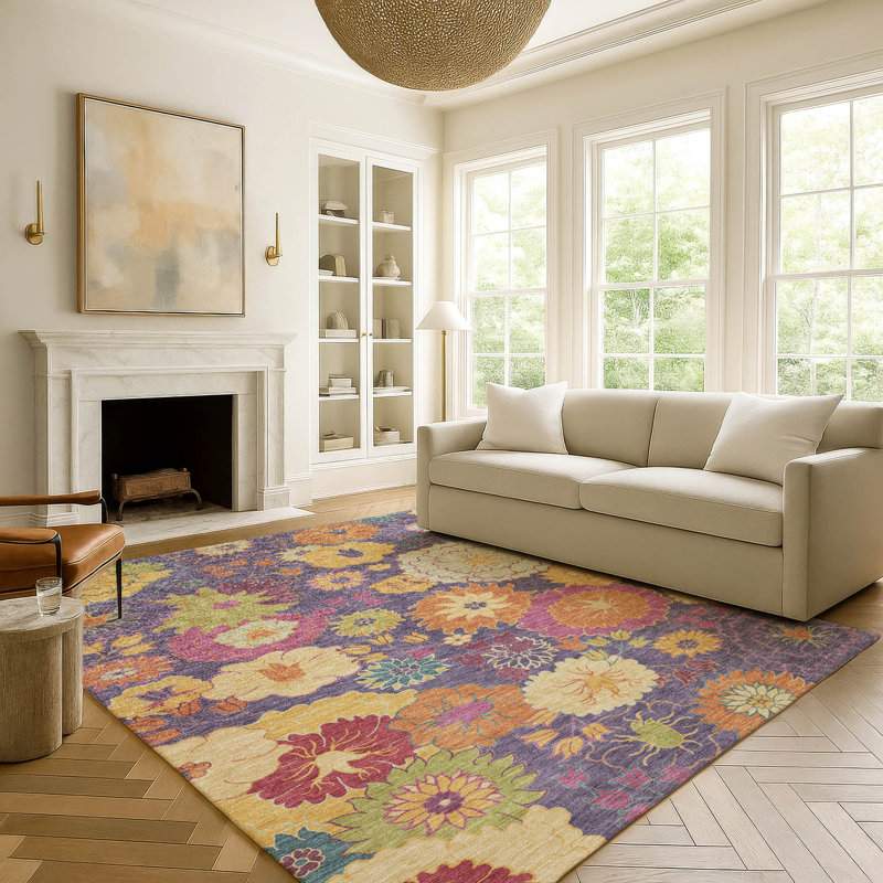 Tapis floral lavable à la machine de qualité supérieure Mayfield, Mauve, 10 pi x 14 pi