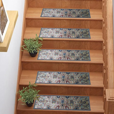 Custom Size Canvas Back Washable Oriental Flower Silver Design Stair Tread by Inches