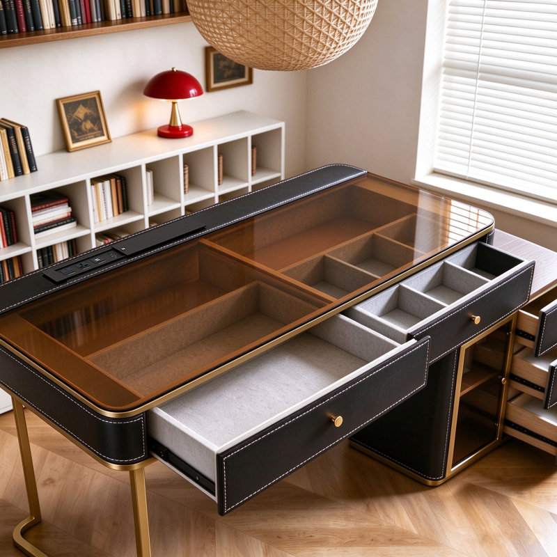 Bureau d'ordinateur pivotant de haute qualité, finition similicuir grainé, bureau pour bureau à domicile, bureau de direction en L, prise électrique, plateau en verre, montage très facile