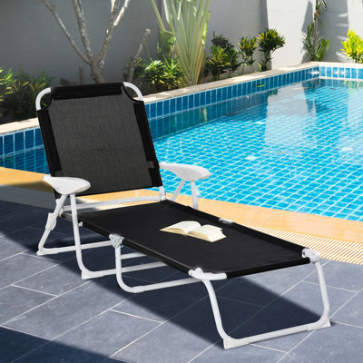Méridienne de plage extérieure - Méridienne pliante avec 4 dossiers inclinables, Structure en métal, Tissu en filet noir pour la cour, Structure pour patio