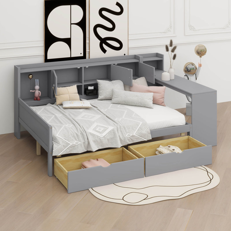 Wooden L-Shape Daybed With Cabinets & Drawers, Multi-Functional Study Desk & Built-In Bookshelf, Full/Double
