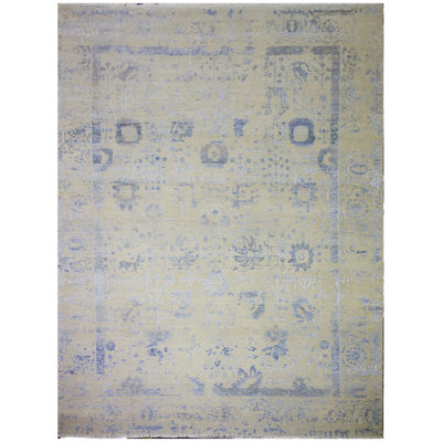 Tapis argent / bleu noué à la main de haute qualité