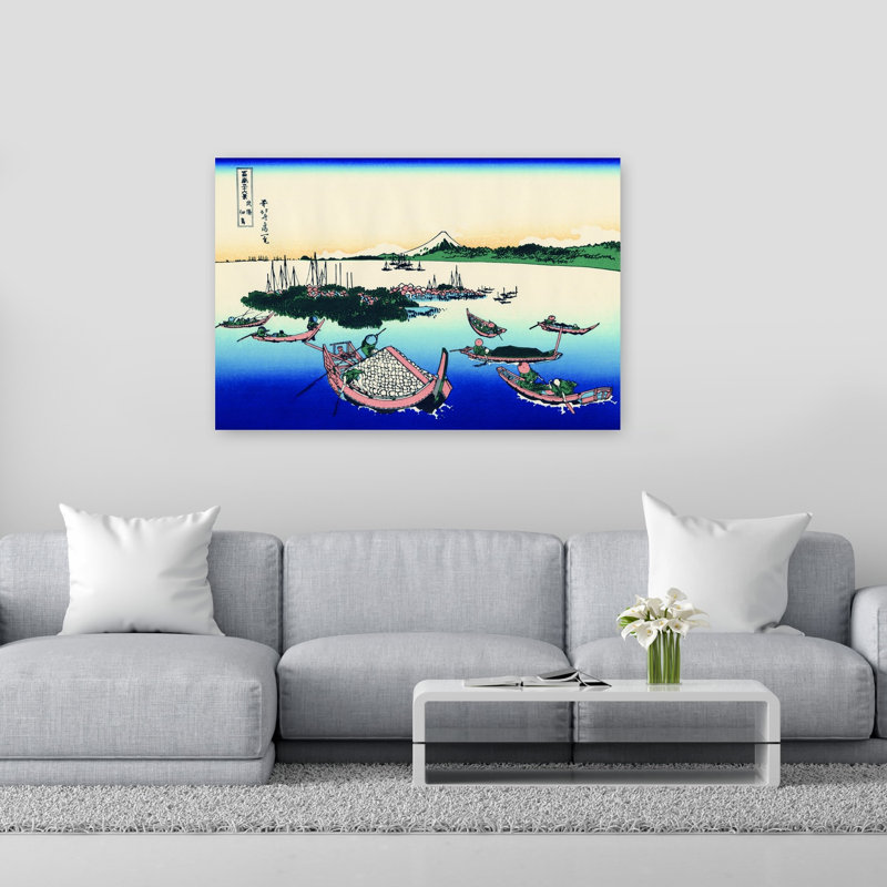 Tsukada Island In The Musashi Province Classic Traditional Abstract Coastal Landscape Wall Art Print by Katsushika Hokusai - Wrapped Canvas Print