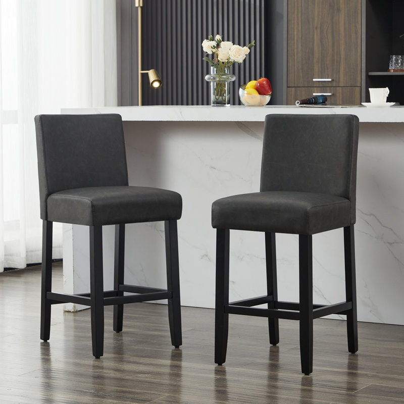 Upholstered Bar & Counter Stool With Solid Wood Frame, Black/Faux Leather, Counter Stool (26” Seat Height), 2