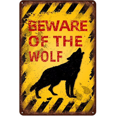 Vintage Wolf Metal Sign Beware of Wolf Aluminum Sign Funny Beware Animal Decor 12"x8" Inch