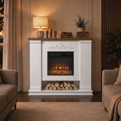 Foyer électrique de 45 po avec manteau et tablette, 1400 W, autoportant, blanc