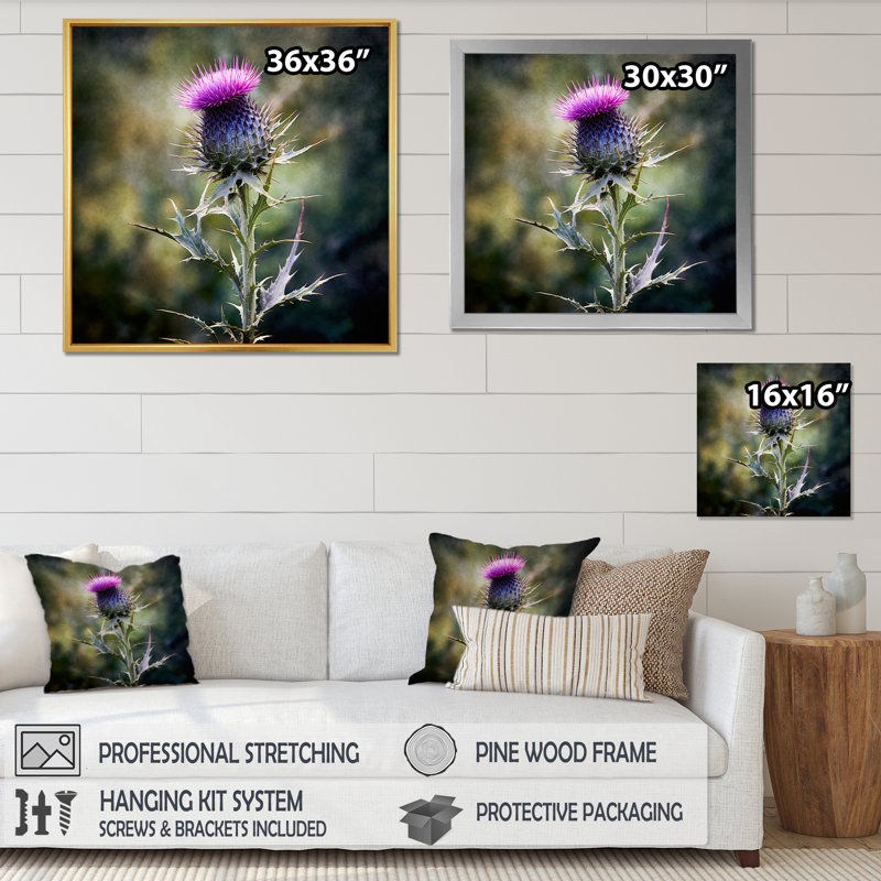 Mauve, vert, chardon, chuchotement, plante, V, H 24 po x l 24 po x P 1 po, Cadre flottant doré