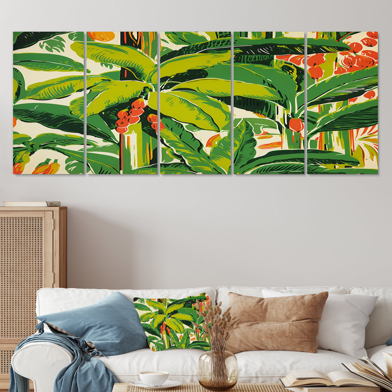 Palmiers tropicaux, ensemble d'illustrations murales rétro 5 pièces, H 28 po x l 60 po