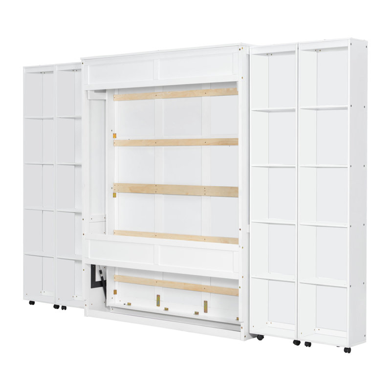 Grand lit blanc avec espaces de rangement cachés, système de levage hydraulique pour un lit à mouvement sans effort, couleur, armoires pliantes à boutons-poussoirs peu encombrants, s'adapte au style moderne
