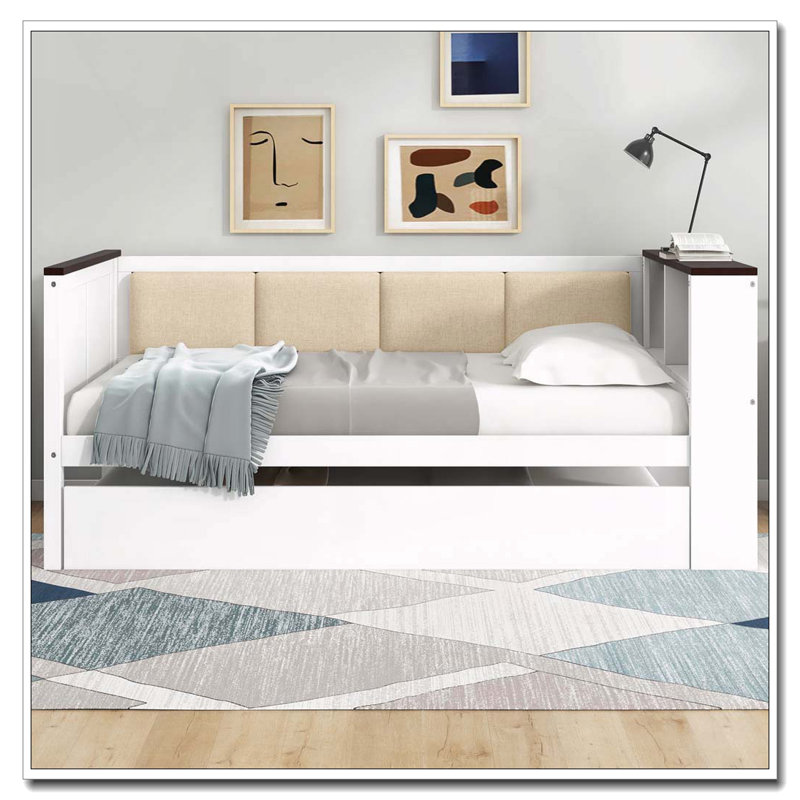 Twin Size Wood Daybed with Storage Shelves, Upholstered Backrest,USB and Trundle, Twin