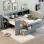 Lit plateforme double en bois avec tablettes de rangement, tiroirs, station de charge et tête de lit tapissier, gris